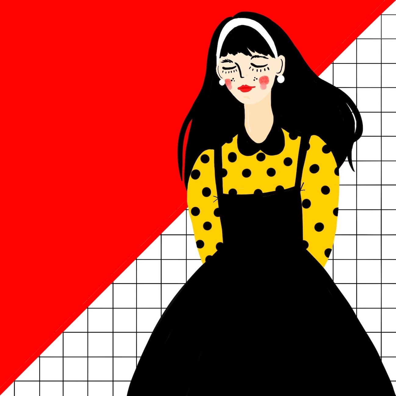 illustration of woman with yellow dress and a red, black and white background